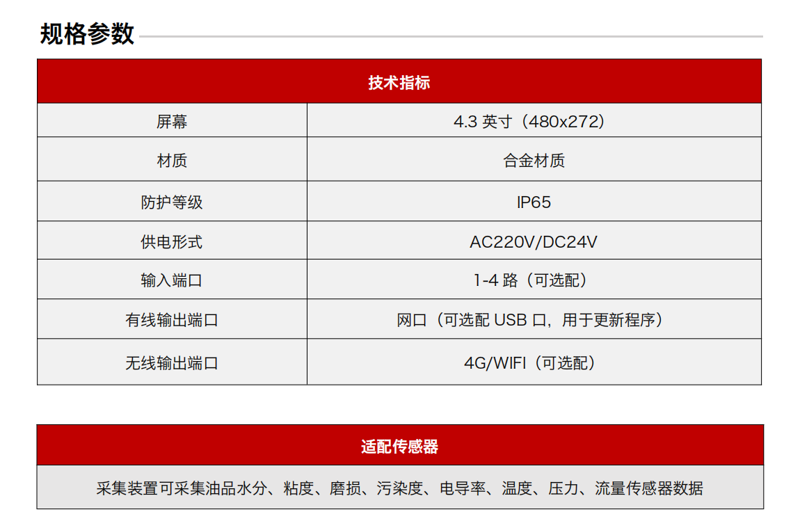 分布式在線油液監(jiān)測系統(tǒng)解決方案-采集終端 規(guī)格參數